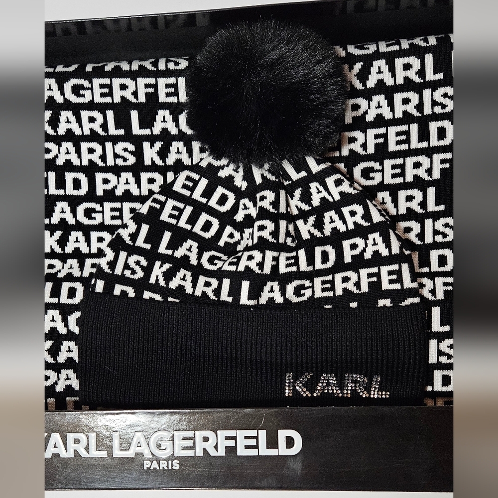 NWT Karl Lagerfeld Beanie, Scarf And Gloves Set. Black And White Logo W/ Box - Picture 3 of 5
